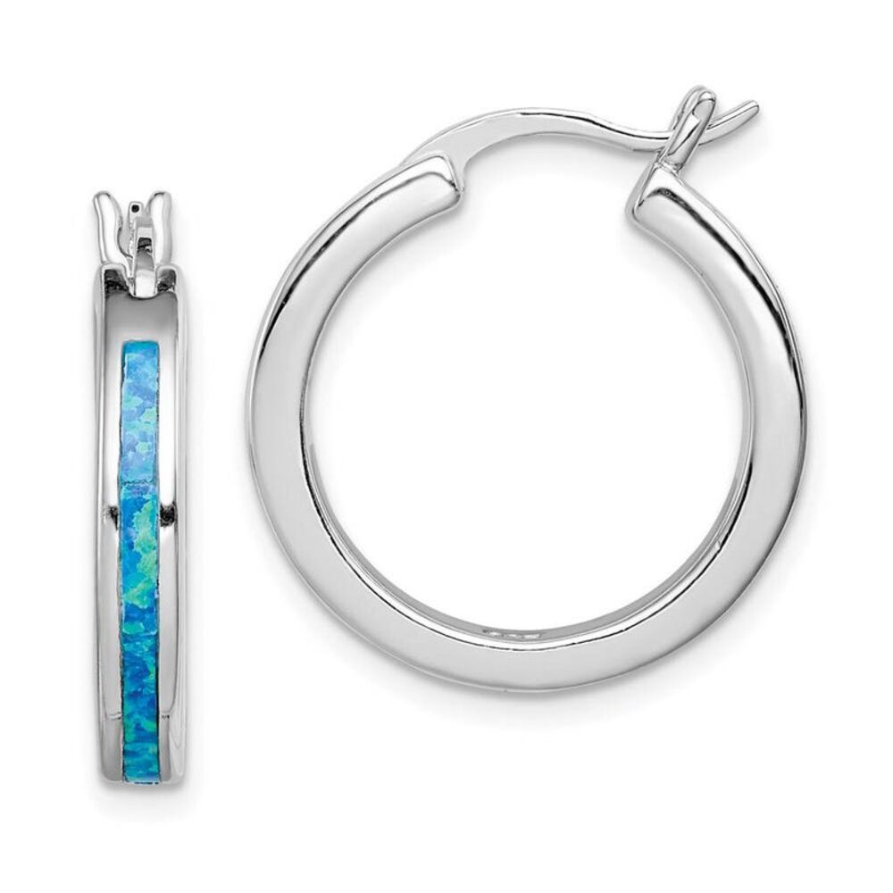 Created Blue Opal Inlay Round Hoop Earrings in Silver, 20mm (3/4 in)